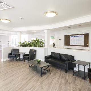 Modern lobby area with leather seating and plants.
