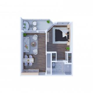 A modern apartment floor plan featuring an open living area, kitchen, and bedroom.