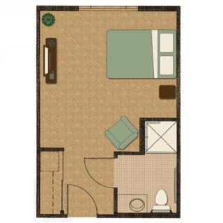 A floor plan of a studio apartment with a bedroom and bathroom.