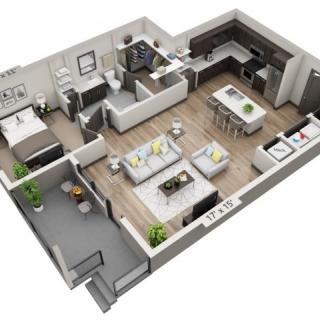 A 3D rendered floor plan of a modern apartment featuring a living room, kitchen, bedroom, and bathroom.