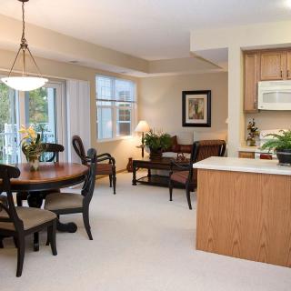 A cozy living and dining area with an open kitchen, featuring modern furniture and ample natural light.