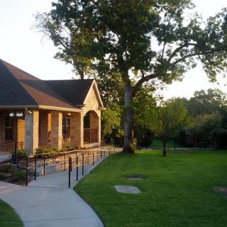 A charming house surrounded by lush greenery and a majestic tree during sunset.