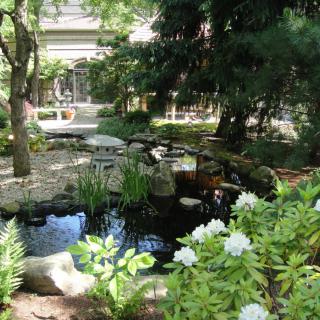 A tranquil garden scene featuring a small pond surrounded by lush greenery and blooming flowers.