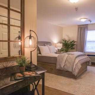 A cozy bedroom with modern decor, featuring a comfortable bed, ambient lighting, and indoor plants.