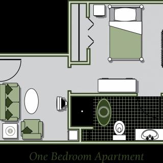 A floor plan of a one-bedroom apartment featuring a living room, kitchen, and bathroom.