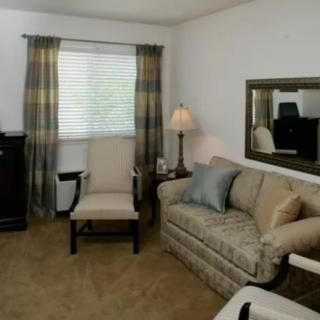 A cozy living room with a sofa, armchair, lamp, and a window with curtains.