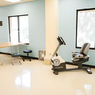 A therapy room equipped with an exercise bike for rehabilitation.