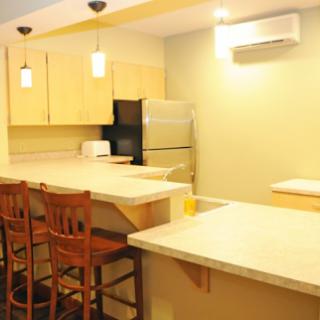 A modern kitchen featuring a well-equipped space with a countertop and bar stools.