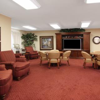 A spacious living room with red carpeting, featuring comfortable armchairs, tables, a TV stand, and decorative indoor plants.