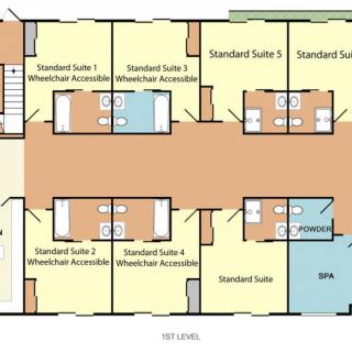 Layout of an accommodation floor plan featuring various standard and accessible suites.