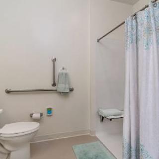 An accessible bathroom with a shower, grab bar, and toilet.