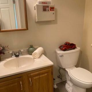 A small bathroom with a vanity sink, mirror, and toilet.