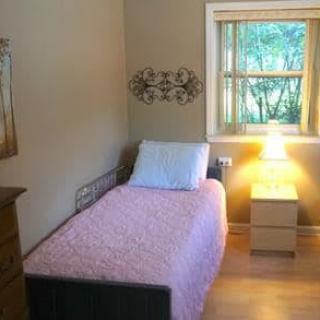 A cozy bedroom with a single bed, side table, and a window overlooking trees.