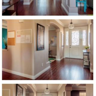 A well-lit, stylish home entryway with hardwood floors and decorative elements.