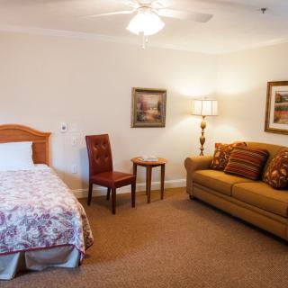 A cozy hotel room with a bed, sofa, and decorative elements.