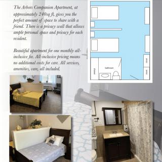 Promotional flyer showcasing a cozy apartment with detailed floor plan and images of the bedroom and bathroom.