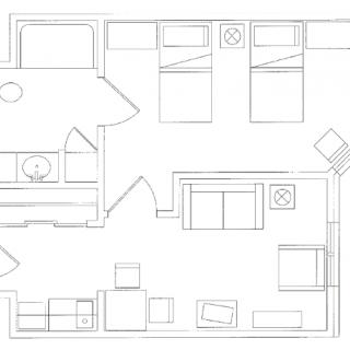A floor plan showing the layout of an apartment with two bedrooms, a living room, and furniture arrangement.