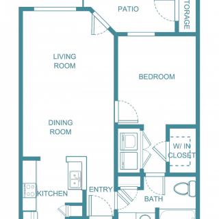 A floor plan of a one-bedroom apartment featuring a living room, dining room, kitchen, bathroom, and patio.