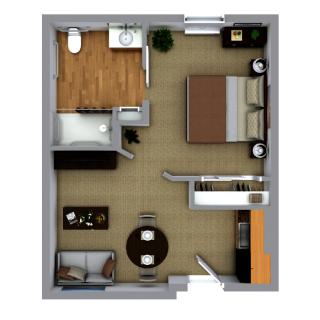 A compact apartment floor plan featuring one bedroom, a bathroom, a kitchen, and a living area.