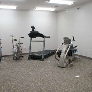 A minimalist gym setup with a treadmill, exercise bike, and elliptical machine.