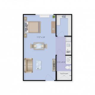 A floor plan of a one-bedroom apartment featuring a living room, kitchen, and bathroom.