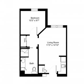 A floor plan depicting a one-bedroom apartment with a living room and bathroom.