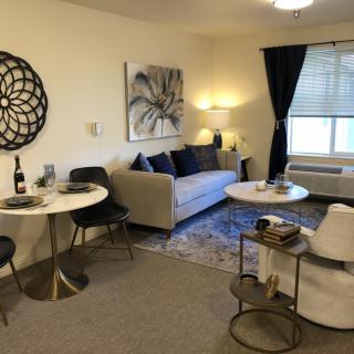 A cozy living room with modern decor and comfortable seating.