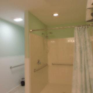 A bathroom featuring a shower with grab bars and a light green color scheme.