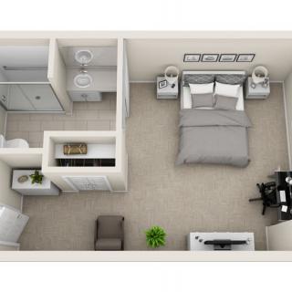 A top-down view of a one-bedroom apartment layout showcasing the bedroom, bathroom, and furniture placement.