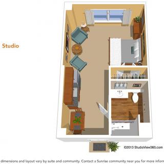 A 3D floor plan of a studio apartment showcasing the layout and furniture arrangement.