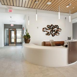 A modern reception area with a curved desk, stylish artwork, and a welcoming atmosphere.