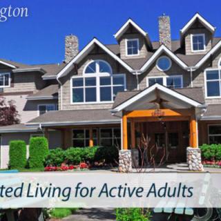A picturesque assisted living facility for active adults, showcasing elegant architecture under a clear blue sky.
