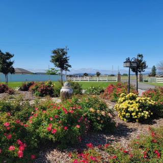 A beautiful garden with colorful flowers and a view of a lake under a clear blue sky.