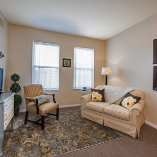 A cozy living room with a sofa, chair, and decorative elements.