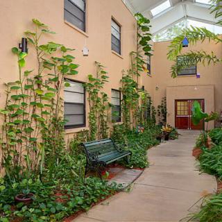 A serene indoor garden with a bench and lush greenery lining the pathway.