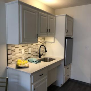 A modern kitchen featuring grey cabinets, a stylish sink, and contemporary appliances.