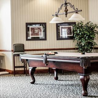 A well-lit recreational space featuring a classic pool table, complemented by tasteful wall art and decorative plants.