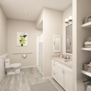 A modern bathroom with white cabinetry and open shelving, featuring a sink, toilet, and wall art.