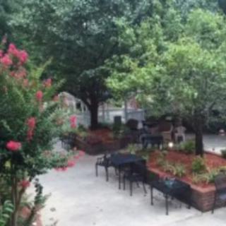 A tranquil garden setting with benches, lush trees, and colorful flowers lining a pathway.