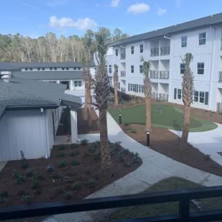A view of a modern apartment complex featuring palm trees and landscaped pathways.