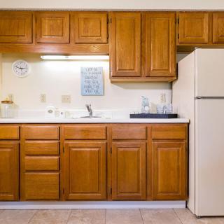 A kitchen with wooden cabinets, a fridge, and a sink.
