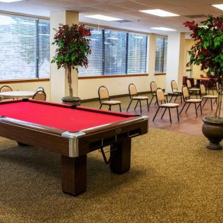 A recreation room with a red pool table, surrounded by chairs and potted plants.