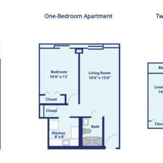 Floor plans of one-bedroom and two-bedroom apartments.