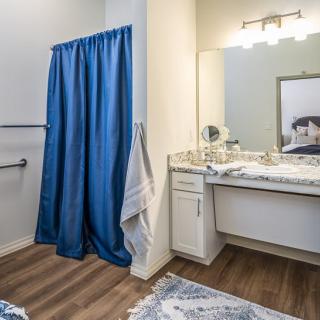 A bathroom with a blue shower curtain, a vanity with a mirror, and wooden flooring.