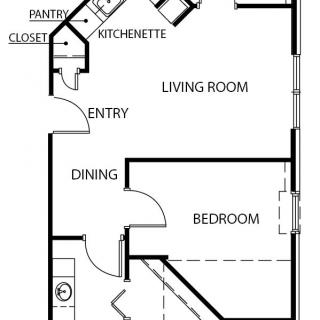 A floor plan of a one-bedroom apartment featuring a living room, dining area, kitchenette, bedroom, closet, and bathroom.