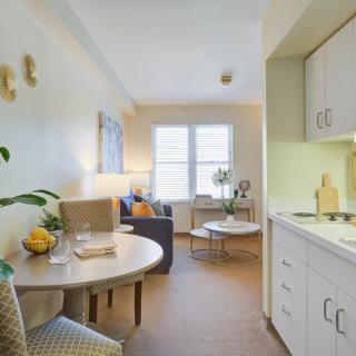 A cozy apartment interior featuring a small kitchen and living area with modern furnishings and decorative plants.