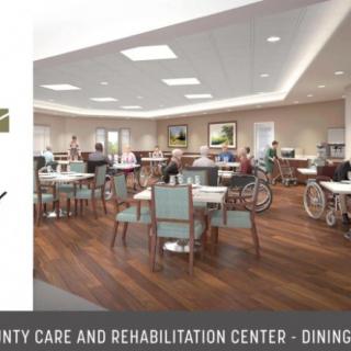 A spacious dining area in a rehabilitation center with tables and chairs arranged for elderly care.