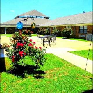 A sunny courtyard with blooming roses, patio furniture, and walkways.