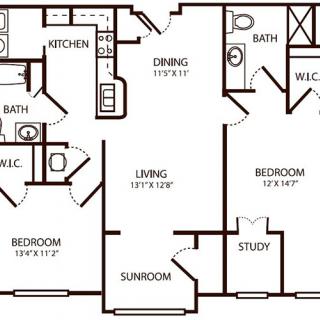 A floor plan of a two-bedroom apartment with a study, kitchen, living room, dining area, and bathrooms.