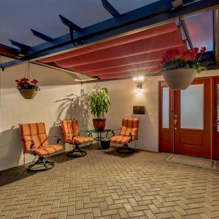 Cozy outdoor patio with comfortable seating and vibrant plants under a canopy.